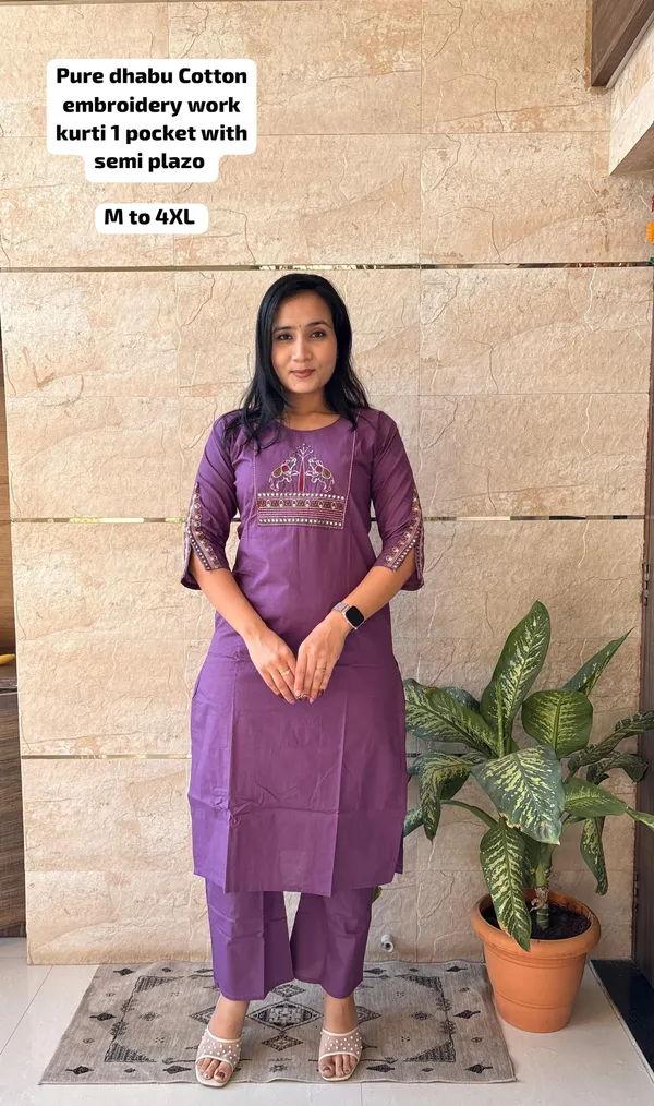 Puple_Cotton_Embroided_Kurti_Pant_Set_For_Women
