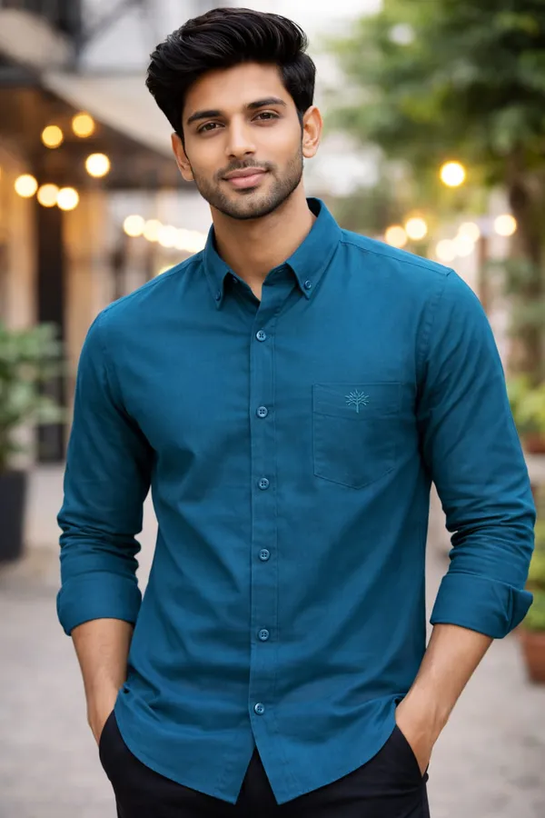 Teal_Blue_Cotton_Plain_Shirt_Full_Sleeves_For_Men