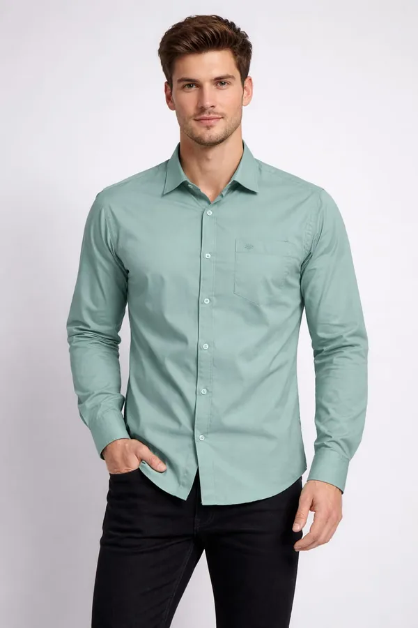 Pista_GreenCotton_Plain_Shirt_Full_Sleeves_For_Men