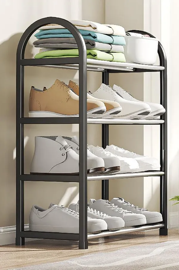 Black_Shoe_Rack_Organizer_With_Chrome_Accents,_Sturdy_Storage_Shelf_For_Entryway,_Closet_(Metal_Shelves_With_Pp_Plastic_Frame)_(4_Layer),_19_X_41_X_57_Cm