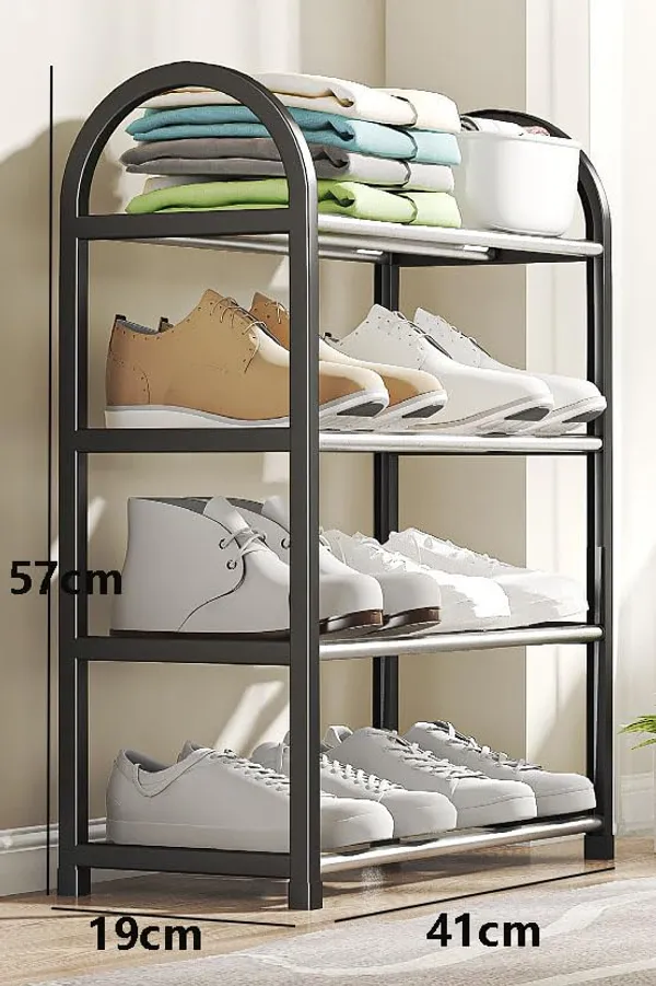 Black_Shoe_Rack_Organizer_With_Chrome_Accents,_Sturdy_Storage_Shelf_For_Entryway,_Closet_(Metal_Shelves_With_Pp_Plastic_Frame)_(4_Layer),_19_X_41_X_57_Cm