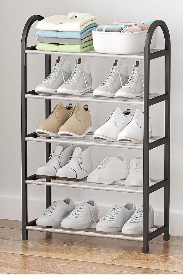 Black_Shoe_Rack_Organizer_With_Chrome_Accents,_Sturdy_Storage_Shelf_For_Entryway,_Closet_(Metal_Shelves_With_Pp_Plastic_Frame)_(5_Layer)