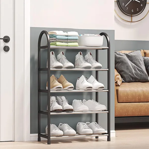Black_Shoe_Rack_Organizer_With_Chrome_Accents,_Sturdy_Storage_Shelf_For_Entryway,_Closet_(Metal_Shelves_With_Pp_Plastic_Frame)_(5_Layer)