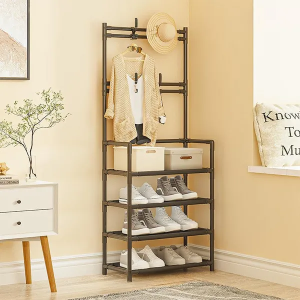 Black_Multifunctional_Shoe_And_Coat_Rack_With_Hooks_5_Tier_Organizer_For_Entryway,Hallway,Bedroom_(Black,5_Layers_With_Hanging_Space,Fabric_Shelves,_Power_Coated_And_Baked_Paint_Tube_Frame)_(Small)