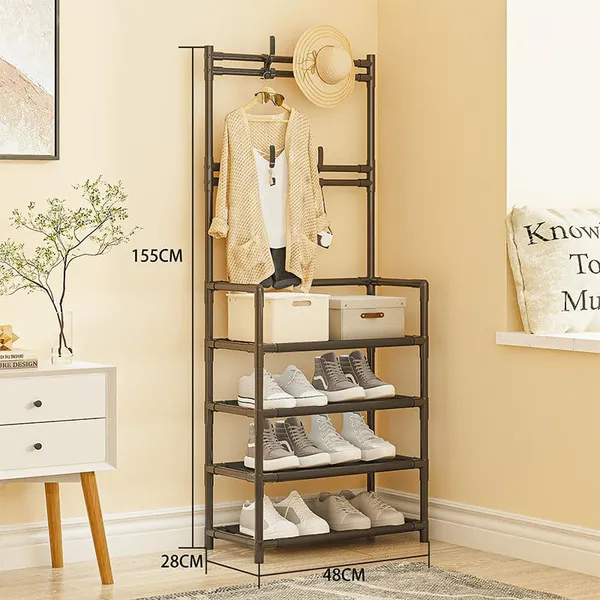 Black_Multifunctional_Shoe_And_Coat_Rack_With_Hooks_5_Tier_Organizer_For_Entryway,Hallway,Bedroom_(Black,5_Layers_With_Hanging_Space,Fabric_Shelves,_Power_Coated_And_Baked_Paint_Tube_Frame)_(Small)
