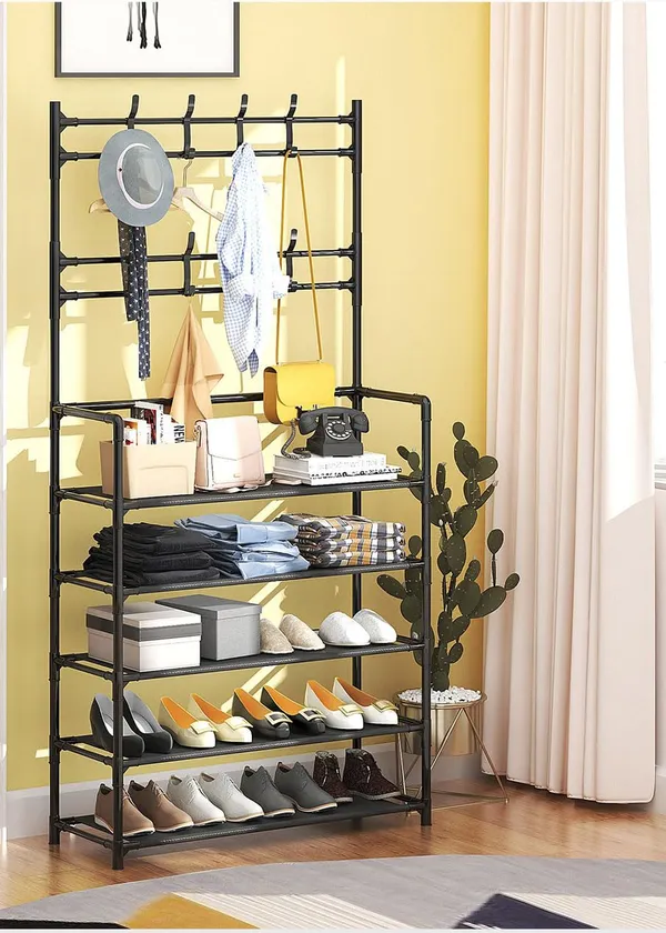 Black_Multifunctional_Shoe_And_Coat_Rack_With_Hooks_5_Tier_Organizer_For_Entryway,_Hallway,_Bedroom_(5_Layers_With_Hanging_Space,_Fabric_Shelves,_Power_Coated_And_Baked_Paint_Tube_Frame)_(Extra_Large)