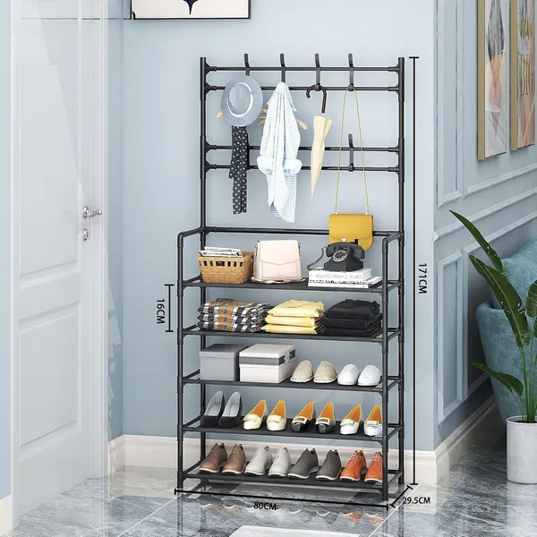 Black_Multifunctional_Shoe_And_Coat_Rack_With_Hooks_5_Tier_Organizer_For_Entryway,_Hallway,_Bedroom_(5_Layers_With_Hanging_Space,_Fabric_Shelves,_Power_Coated_And_Baked_Paint_Tube_Frame)_(Extra_Large)