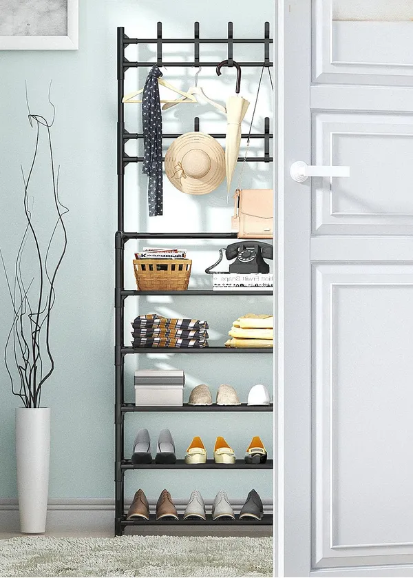 Black_Multifunctional_Shoe_And_Coat_Rack_With_Hooks_5_Tier_Organizer_For_Entryway,_Hallway,_Bedroom_(5_Layers_With_Hanging_Space,_Fabric_Shelves,_Power_Coated_And_Baked_Paint_Tube_Frame)_(Extra_Large)