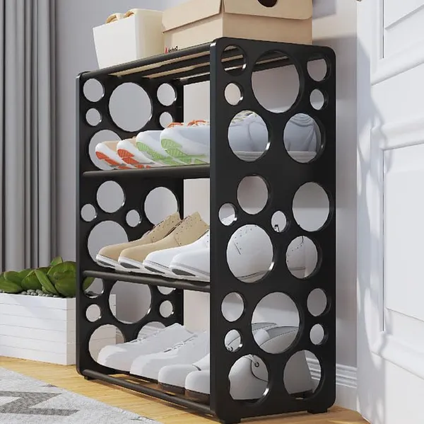 Black_Multi_Tier_Shoe_Rack_Entryway_Storage_Solution_For_Home_And_Office_Compact_And_Circle_Cutouts_Design_(4_Layers,_9.8Mm_Baked_Paint_Tube_Frame)
