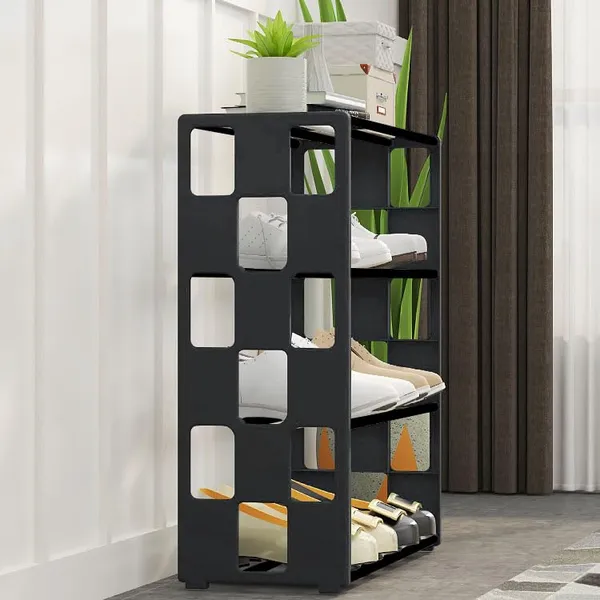Black_Multi_Tier_Shoe_Rack_Entryway_Storage_Solution_For_Home_And_Office_Compact_And_Circle_Cutouts_Design_(4_Layers,_9.8Mm_Baked_Paint_Tube_Frame)