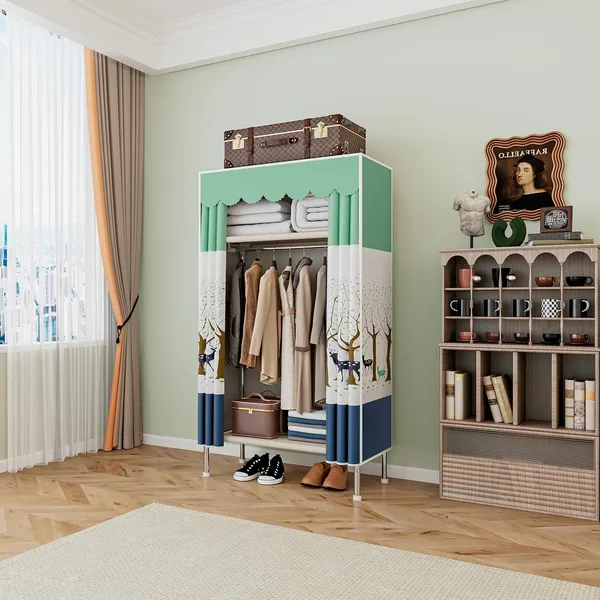 Multicolor_Green_Dear_Collapsible_Wardrobe_With_Hanging_Rod_Portable_Closet_Organizer_For_Clothes,_Shoes_And_Accessories