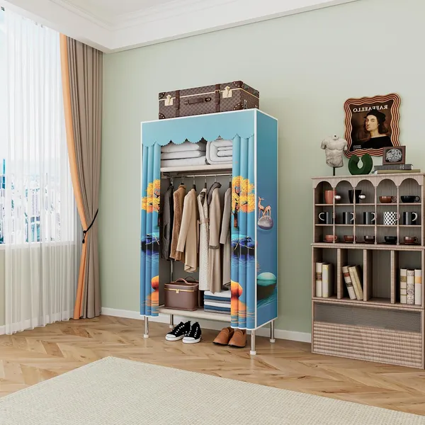 Multicolor_Blue_Fish_Collapsible_Wardrobe_With_Hanging_Rod_Portable_Closet_Organizer_For_Clothes,_Shoes_And_Accessories