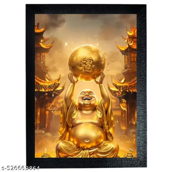 Laughing_Buddha_Photo_Frame,_A4_Size,_Wooden_Frame_With_Acrylic_Sheet,_Black_Gold_Ball_On_Head_&_Hand