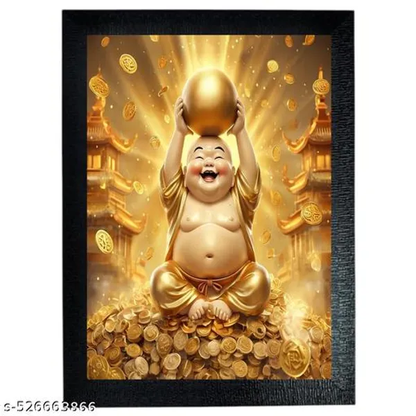 Laughing_Buddha_Photo_Frame,_A4_Size,_Wooden_Frame_With_Acrylic_Sheet,_Black_Gold_Ball_On_Head_&_Hand