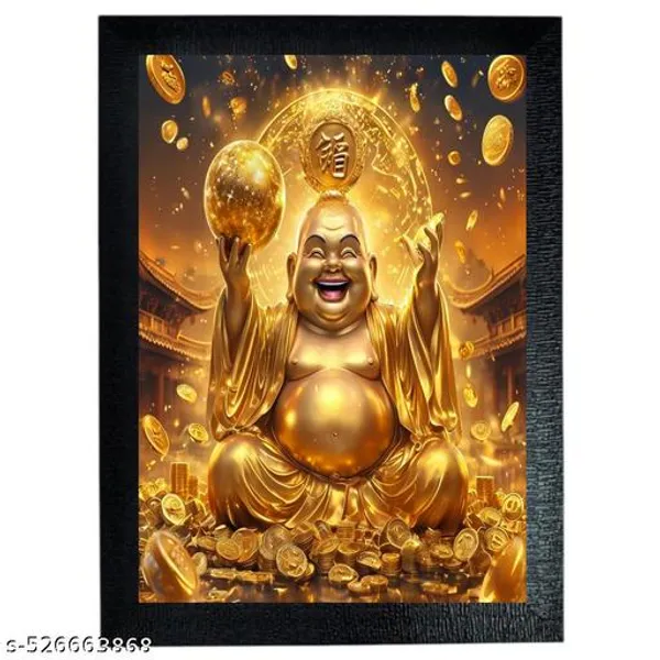 Laughing_Buddha_Photo_Frame,_A4_Size,_Wooden_Frame_With_Acrylic_Sheet,_Black_Gold_Ball_On_Head_&_Hand
