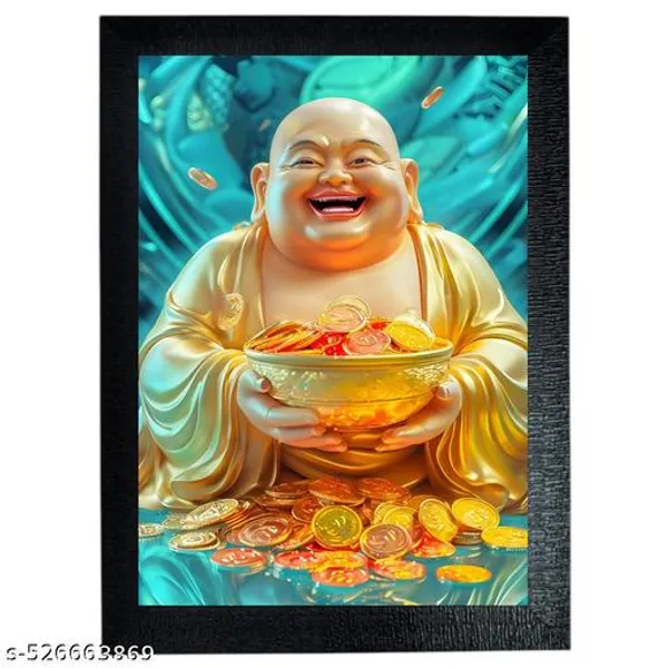 Laughing_Buddha_Photo_Frame,_A4_Size,_Wooden_Frame_With_Acrylic_Sheet,_Black_Gold_Ball_On_Head_&_Hand