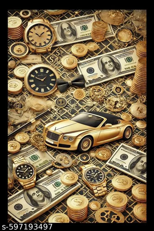 Luxury_Lifestyle_Wall_Frame__Gold_Car,_Money_&_Watch_Design__Black_Wooden_Frame_10X13_Inch