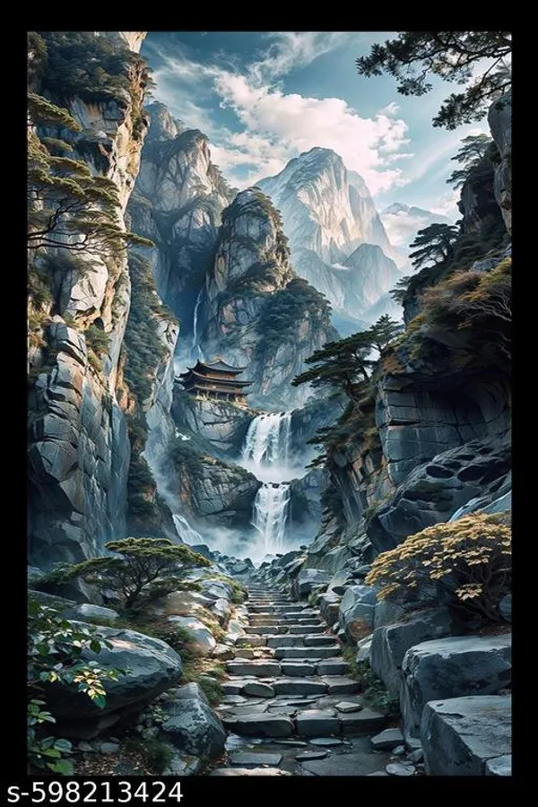 Majestic_Mountain_Waterfall_Temple_Art__10X13_Inch_Black_Wooden_Wall_Frame
