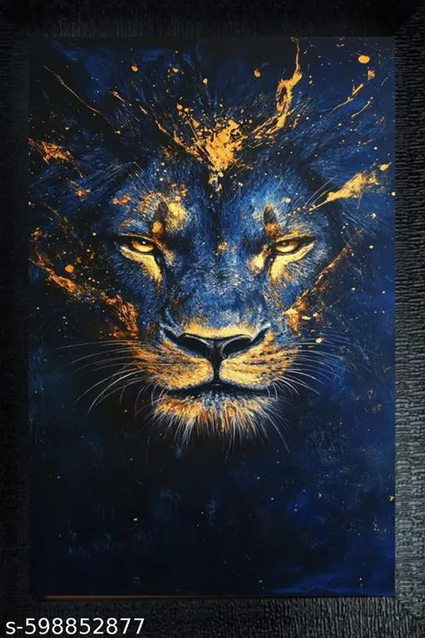 Golden_&_Blue_Lion_Face_Wooden_Frame__Premium_Wall_Art