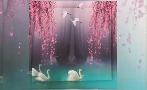 Premium_3D_Wall_Scenery__White_Swans_In_Turquoise_Lake_With_Flying_Cranes_&_Pink_Cherry_Blossoms__Elegant_Nature_Wall_Decor
