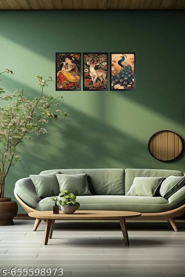 Exquisite_3Panel_Traditional_Indian_Art_Wall_Painting_Set__Woman,_Deer_&_Peacock_Floral_Design__Elegant_Ethnic_Home_Decor