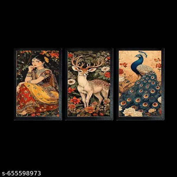 Exquisite_3Panel_Traditional_Indian_Art_Wall_Painting_Set__Woman,_Deer_&_Peacock_Floral_Design__Elegant_Ethnic_Home_Decor