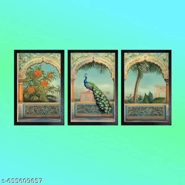 Elegant_3Panel_Traditional_Indian_Art_Wall_Painting__Regal_Peacock_&_Mughal_Garden_Arch_Design__Ethnic_Home_Decor_Set
