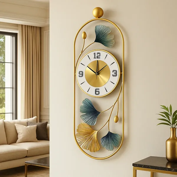 Luxury_Ginkgo_Leaf_Metal_Wall_Clock_|_Modern_Decorative_Wall_Clock_|_Gold_&_Blue_Finish_|_62_x_24_cm