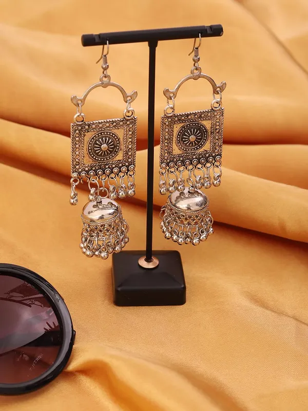 Oxidised_Silver_Square_Vintage_Pendant_Design_And_Hanging_Bells_Traditional_Indian_Style_And_Ethnic_Jewelry_Jhumka_Earrings_For_Women