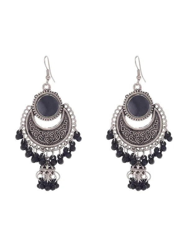 Vintage_Oxidised_Silver_Round_Pendant_Design_With_Hanging_Bells_And_Traditional_Indian_Ethnic_Jewelry_And_Antique_Boho_Dangle_Jhumka_Earrings_For_Women