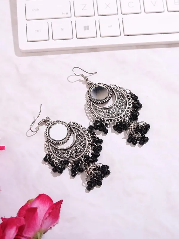 Vintage_Oxidised_Silver_Round_Pendant_Design_With_Hanging_Bells_And_Traditional_Indian_Ethnic_Jewelry_And_Antique_Boho_Dangle_Jhumka_Earrings_For_Women