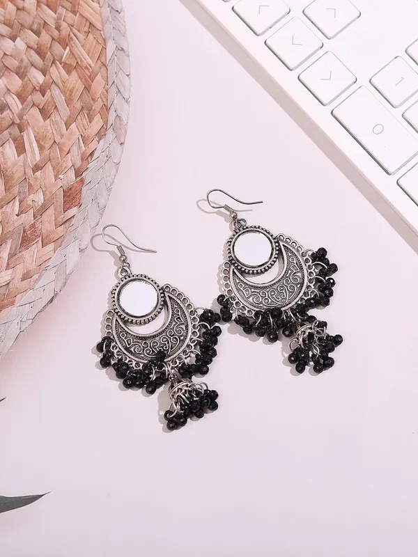 Vintage_Oxidised_Silver_Round_Pendant_Design_With_Hanging_Bells_And_Traditional_Indian_Ethnic_Jewelry_And_Antique_Boho_Dangle_Jhumka_Earrings_For_Women