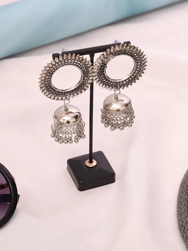 Vintage_Oxidised_Silver_Round_Pendant_Design_With_Hanging_Bells_And_Traditional_Indian_Ethnic_Jewelry_And_Antique_Boho_Dangle_Jhumka_Earrings_For_Women