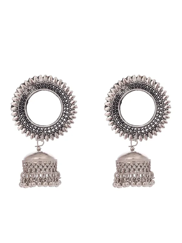 Vintage_Oxidised_Silver_Round_Pendant_Design_With_Hanging_Bells_And_Traditional_Indian_Ethnic_Jewelry_And_Antique_Boho_Dangle_Jhumka_Earrings_For_Women