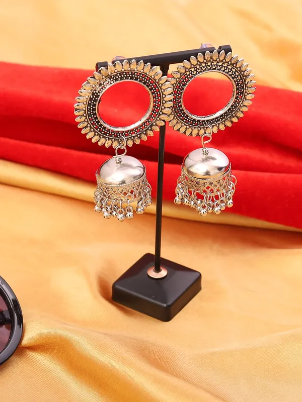 Vintage_Oxidised_Silver_Round_Pendant_Design_With_Hanging_Bells_And_Traditional_Indian_Ethnic_Jewelry_And_Antique_Boho_Dangle_Jhumka_Earrings_For_Women