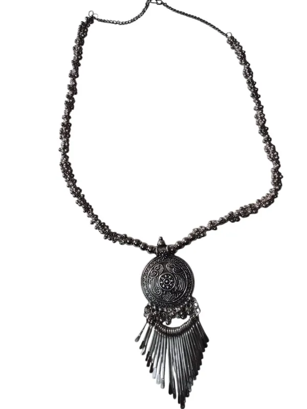 Oxidised_Silver_Tribal_Pendant_Necklace_With_Antique_Finish_Chain_And_Metal_Tassels_And_Traditional_Ethnic_Jewelry_For_Women