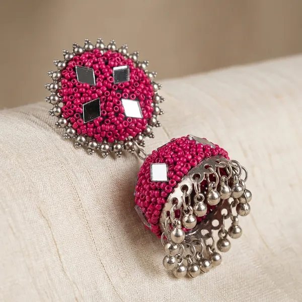 Magenta_Ethnic_Turquoise_And_Crystal_Beaded_Traditional_Design_With_Pearl_Danglers_Jhumka_Earrings_For_Women