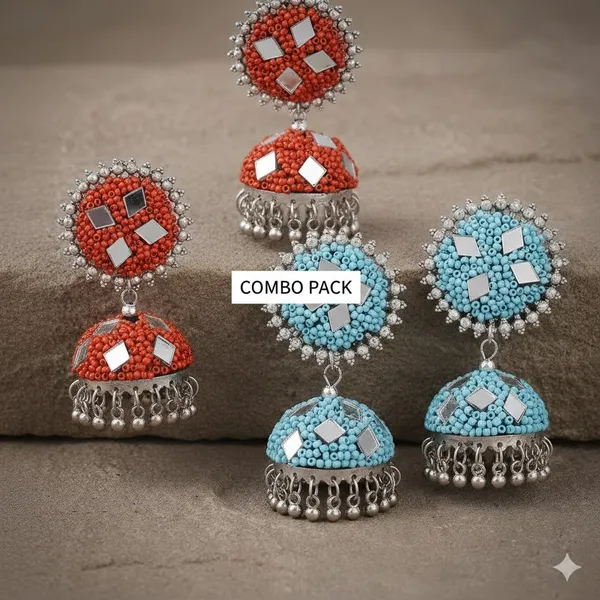 Sky_Blue_And_Orange_Ethnic_Turquoise_And_Crystal_Beaded_Traditional_Design_With_Pearl_Danglers_Festive_Indian_Jewelry_Jhumka_Earrings_For_Women_Pack_Of_2
