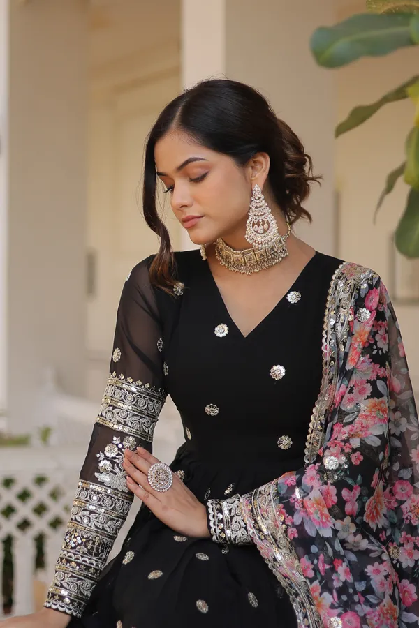 Black_Faux_Georgette_With_Embroidery_Zari_Sequins_Work_Readymade_Gown_For_Women