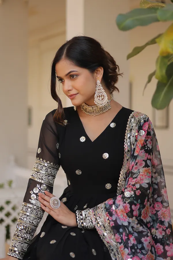 Black_Faux_Georgette_With_Embroidery_Zari_Sequins_Work_Readymade_Gown_For_Women