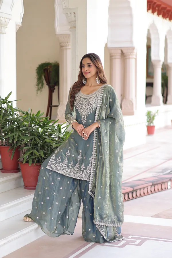 Grey_Fendi_Silk_With_Coding_Sequins_Embroidered_Work_Readymade_Top_Sharara_Dupatta_For_Women