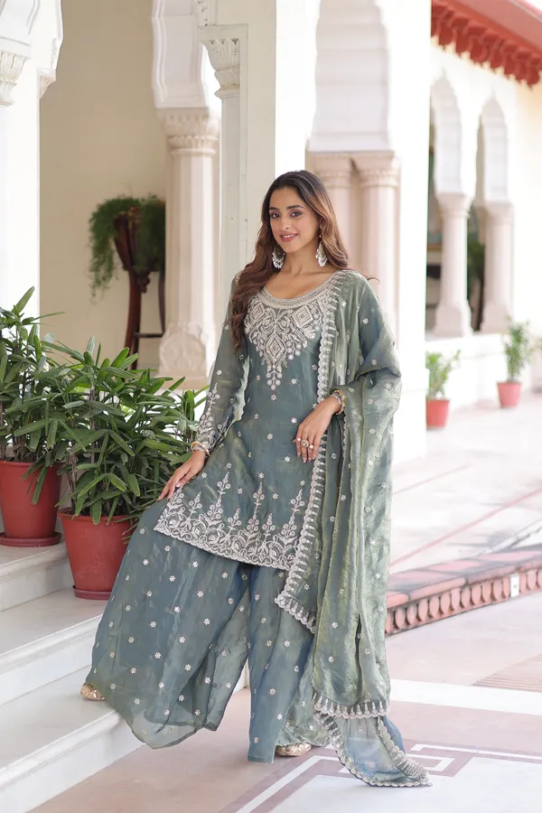 Grey_Fendi_Silk_With_Coding_Sequins_Embroidered_Work_Readymade_Top_Sharara_Dupatta_For_Women