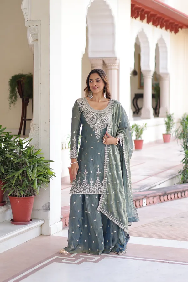 Grey_Fendi_Silk_With_Coding_Sequins_Embroidered_Work_Readymade_Top_Sharara_Dupatta_For_Women
