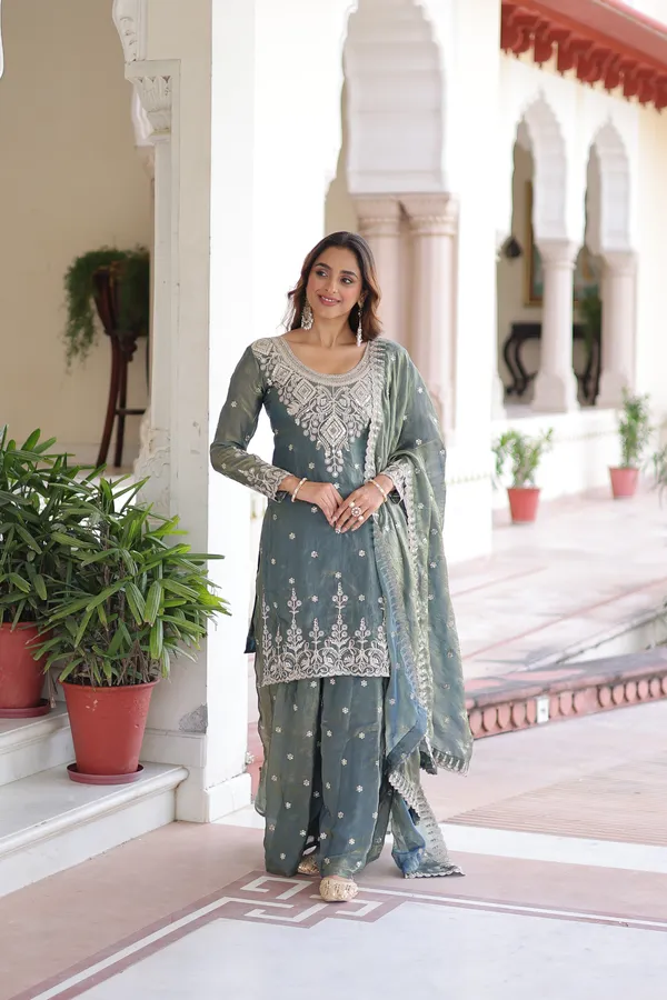 Grey_Fendi_Silk_With_Coding_Sequins_Embroidered_Work_Readymade_Top_Sharara_Dupatta_For_Women