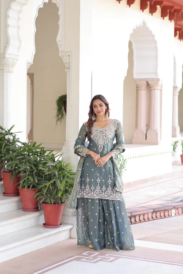 Grey_Fendi_Silk_With_Coding_Sequins_Embroidered_Work_Readymade_Top_Sharara_Dupatta_For_Women
