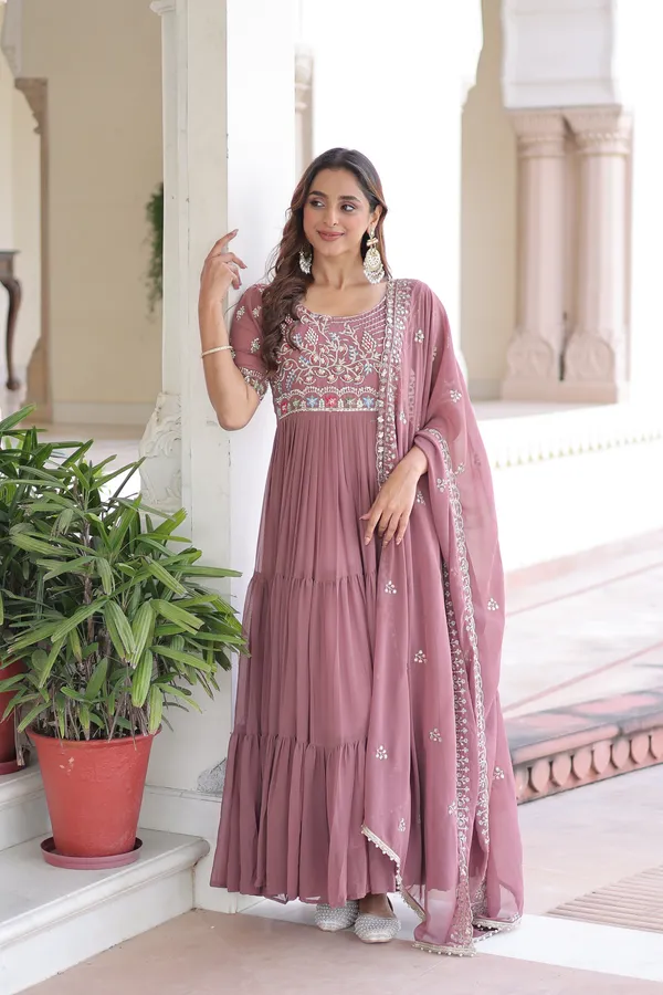 Peach_Faux_Blooming_Readymade_Gown_For_Women