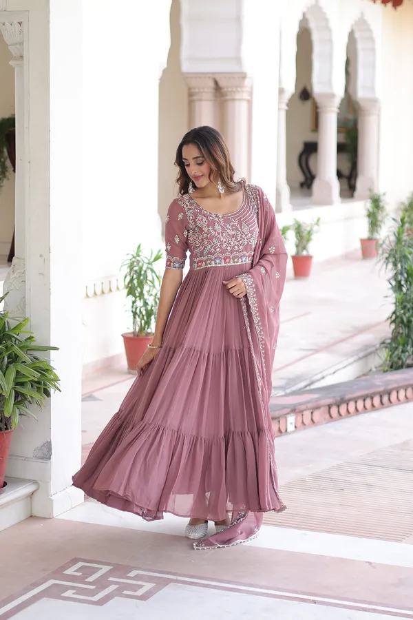Peach_Faux_Blooming_Readymade_Gown_For_Women