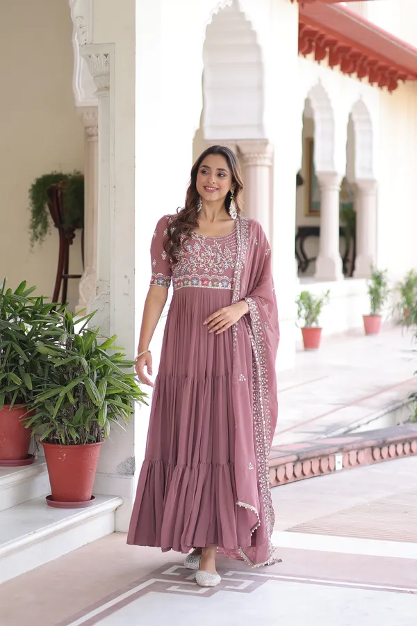 Peach_Faux_Blooming_Readymade_Gown_For_Women
