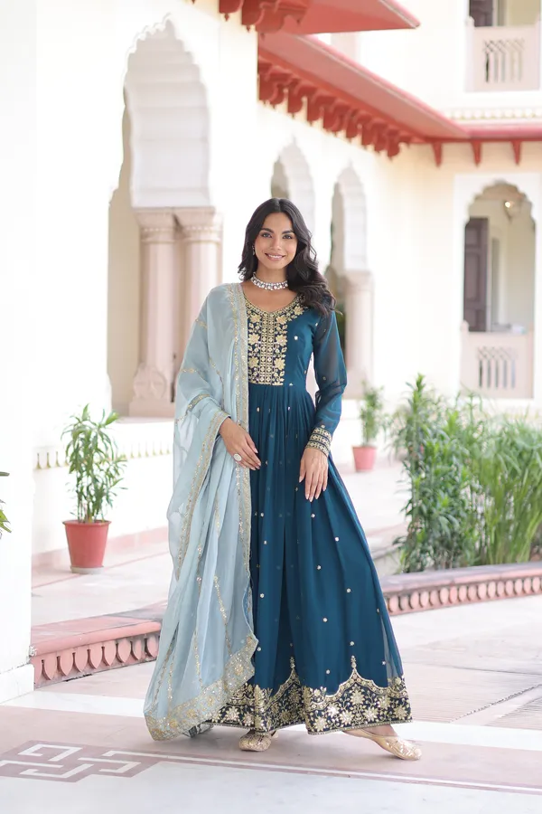 Blue_Faux_Georgette_With_Zari_And_Sequins_Embroidery_Readymade_Gown_For_Women