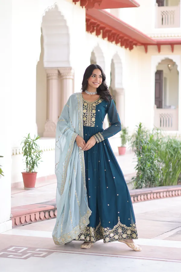 Blue_Faux_Georgette_With_Zari_And_Sequins_Embroidery_Readymade_Gown_For_Women